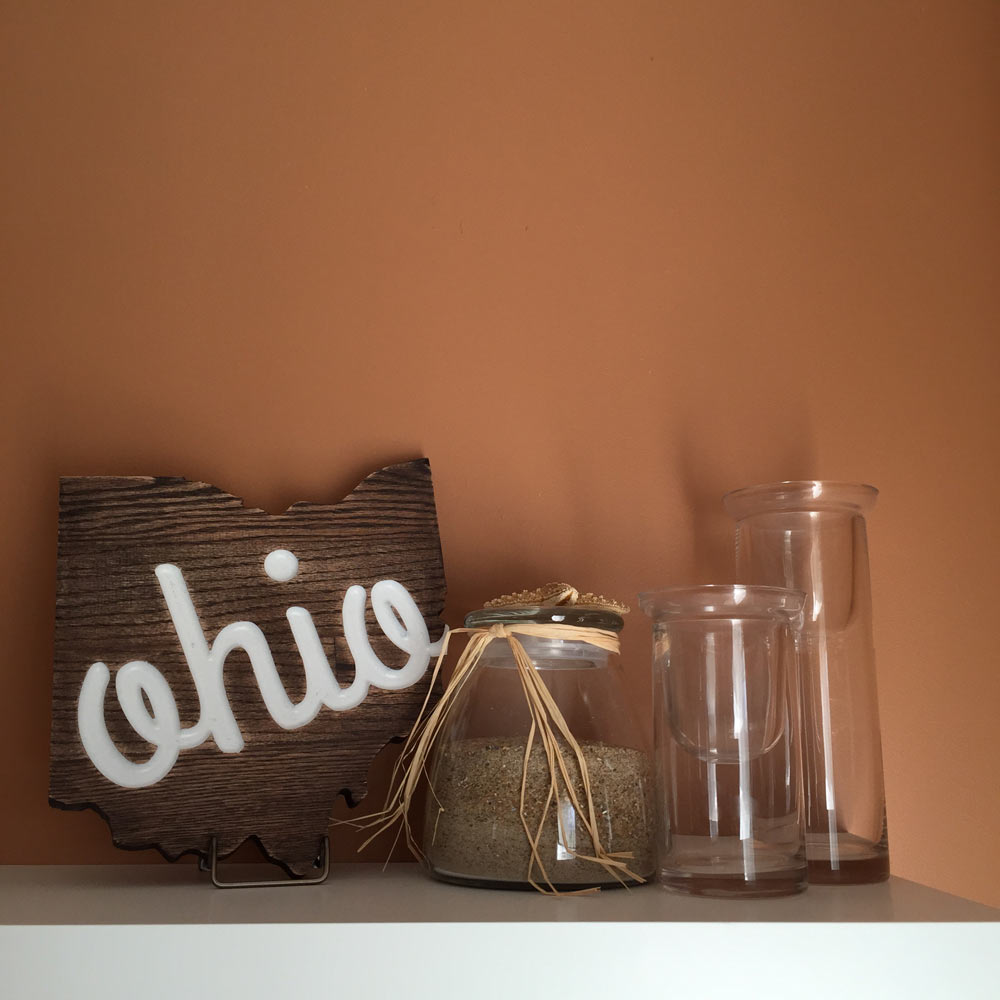 Ohio Shaped Oak Wall Sign with Script on Shelf